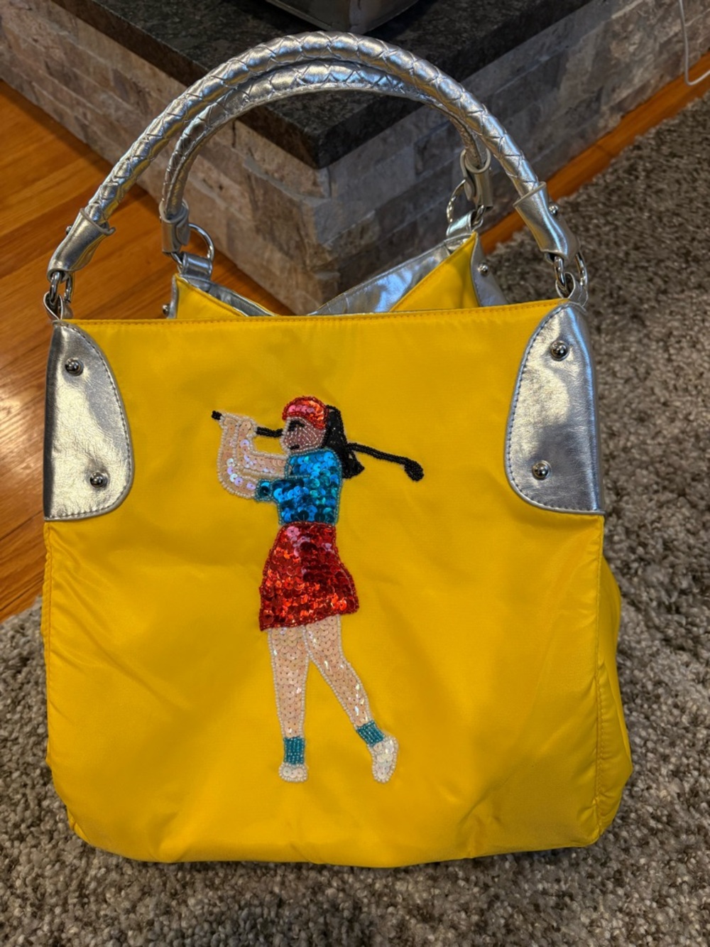 Yellow New Tote handbag with Sequined Lady Golfer Embellishments